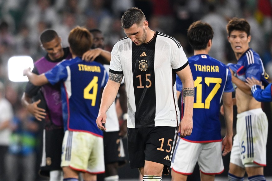 epa10851564 Germany&#039;s Niklas Suele reacts after the friendly soccer match between Germany and Japan in Wolfsburg, Germany, 09 September 2023. EPA/FILIP SINGER