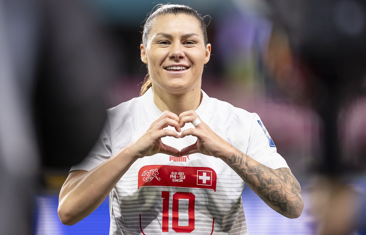 Switzerland&#039;s forward Ramona Bachmann celebrates after scoring a penalty goal during the FIFA Women&#039;s World Cup 2023 soccer match between Switzerland and Philippines at the Dunedin stadium i ...