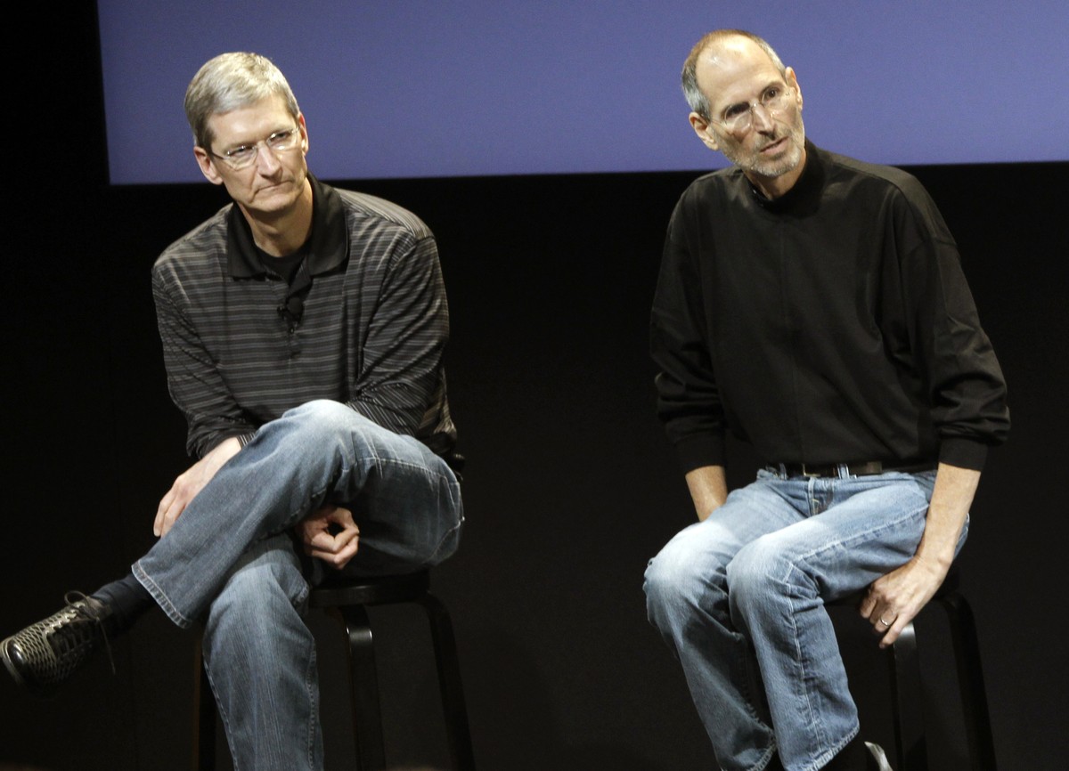 FILE - This July 16, 2010, file photo shows Apple's Tim Cook, left, and Steve Jobs, right, during a meeting at Apple in Cupertino, Calif. Apple wants to encourage millions of iPhone owners to reg ...