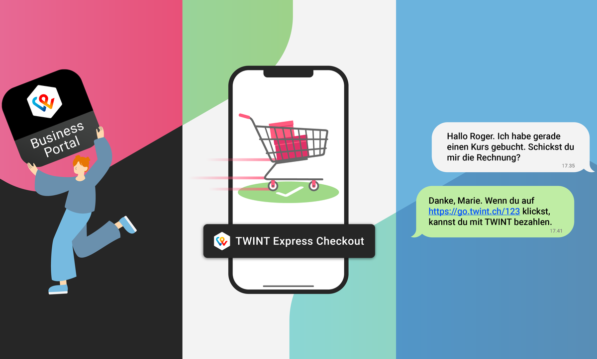 Twint lanciert drei Neuheiten: Die «Business Portal App» für Händler, Express Checkout und den Zahlungslink.