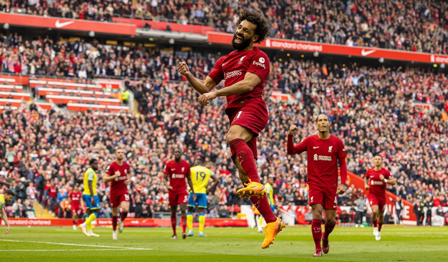 Football - FA Premier League - Liverpool FC v Nottingham Forest FC LIVERPOOL, ENGLAND - Saturday, April 22, 2023: Liverpool s Mohamed Salah celebrates after scoring the third goal during the FA Premie ...