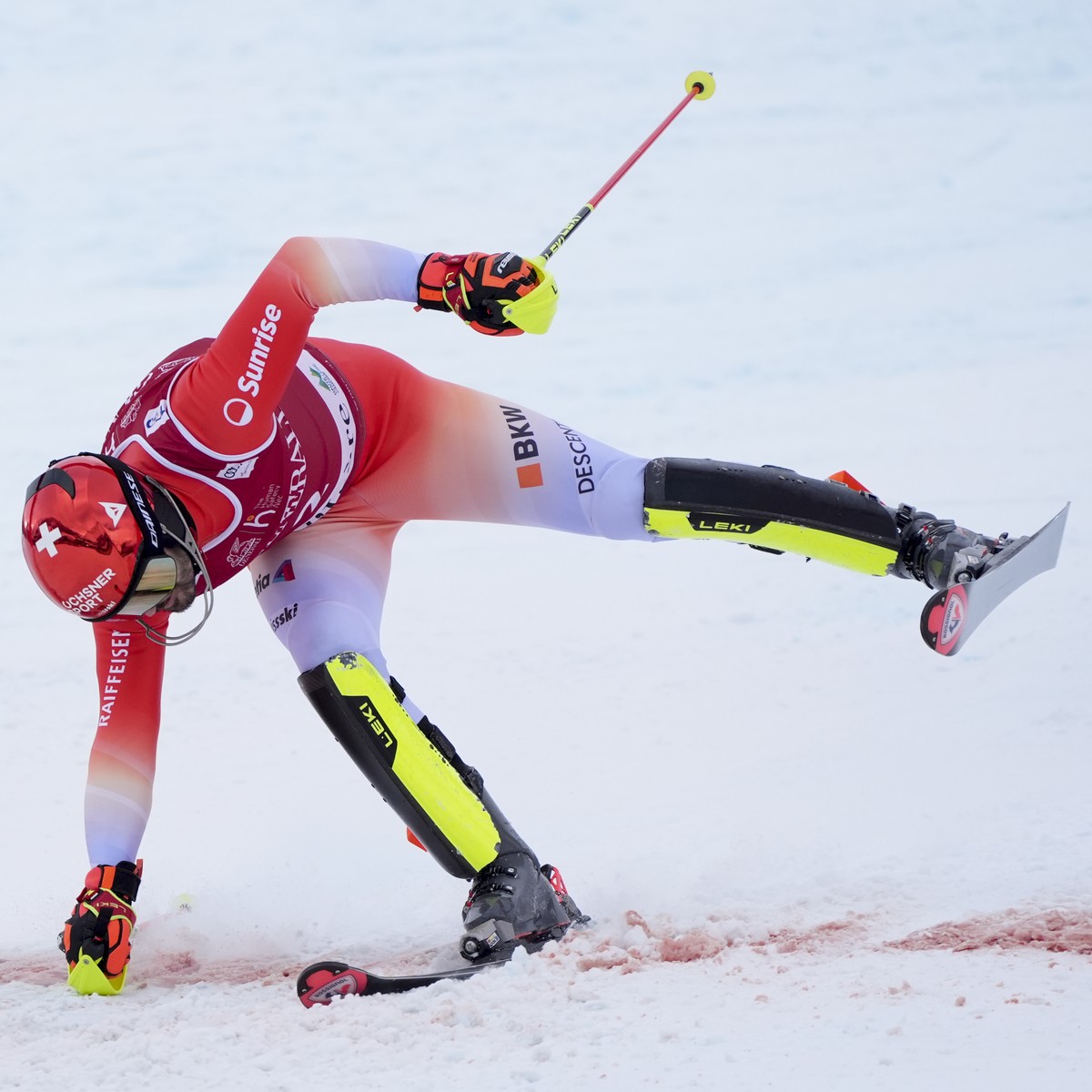 Switzerland's Loic Meillard gets to the finish area after completing an alpine ski, men's World Cup slalom in Val d'Isere, France, Sunday, Dec.15, 2024. (AP Photo/Giovanni Auletta)