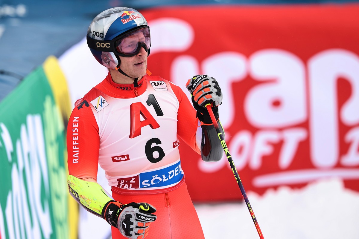 Switzerland's Marco Odermatt checks his time at the finish area of an alpine ski, men's World Cup giant slalom, in Soelden, Austria, Sunday, Oct. 25, 2026. (AP Photo/Marco Trovati)
Marco Ode ...