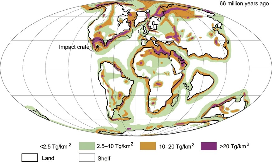 Global map showing the amount of organic matter in sedimentary rocks ejected if the Chicxulub asteroid hit various locations at the end of the Cretaceous. Shaded areas denote the following burned orga ...