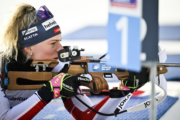 Amy Baserga of Switzerland during training at the IBU European Open Biathlon Championships, on Saturday, January 28, 2023, in Lenzerheide, Switzerland. (KEYSTONE/Gian Ehrenzeller)