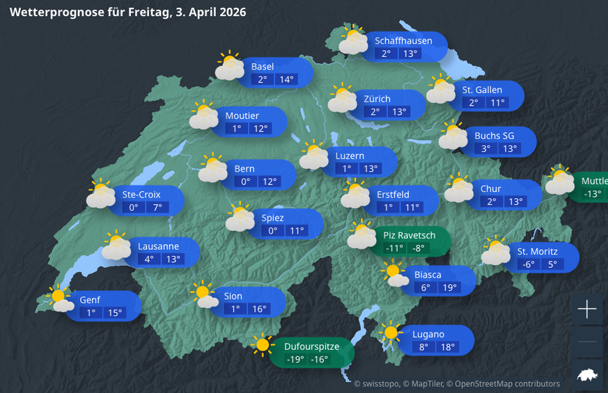 So soll das Wetter am Freitag in der Schweiz werden. Am Samstag und Ostersonntag ist's dann fast überall schön, im Tessin aber immer sicher mit am besten.