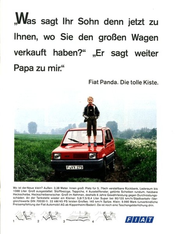 Wie viel cooler waren eigentlich Auto-Werbungen anno dazumal?
Ja, Autowerbung war früher oft viel witziger und mutiger. Ich habe hier z.B. noch die sensationellen Fiat Panda Inserate vermisst.