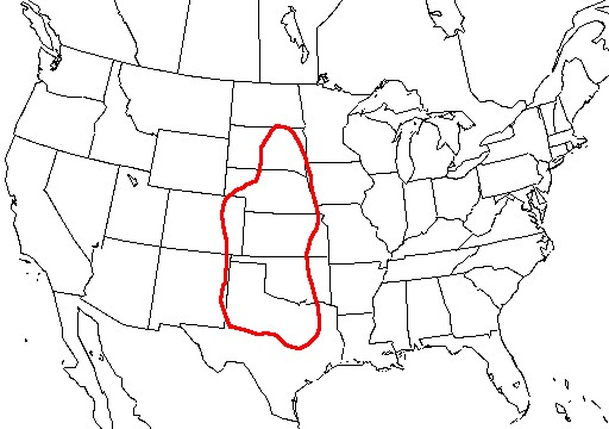 Tornado Alley in den USA: Fläche mit dem höchsten Prozentsatz zerstörerischer Tornados.
https://de.wikipedia.org/wiki/Tornado_Alley#/media/Datei:Significant_tornado_alley.gif
