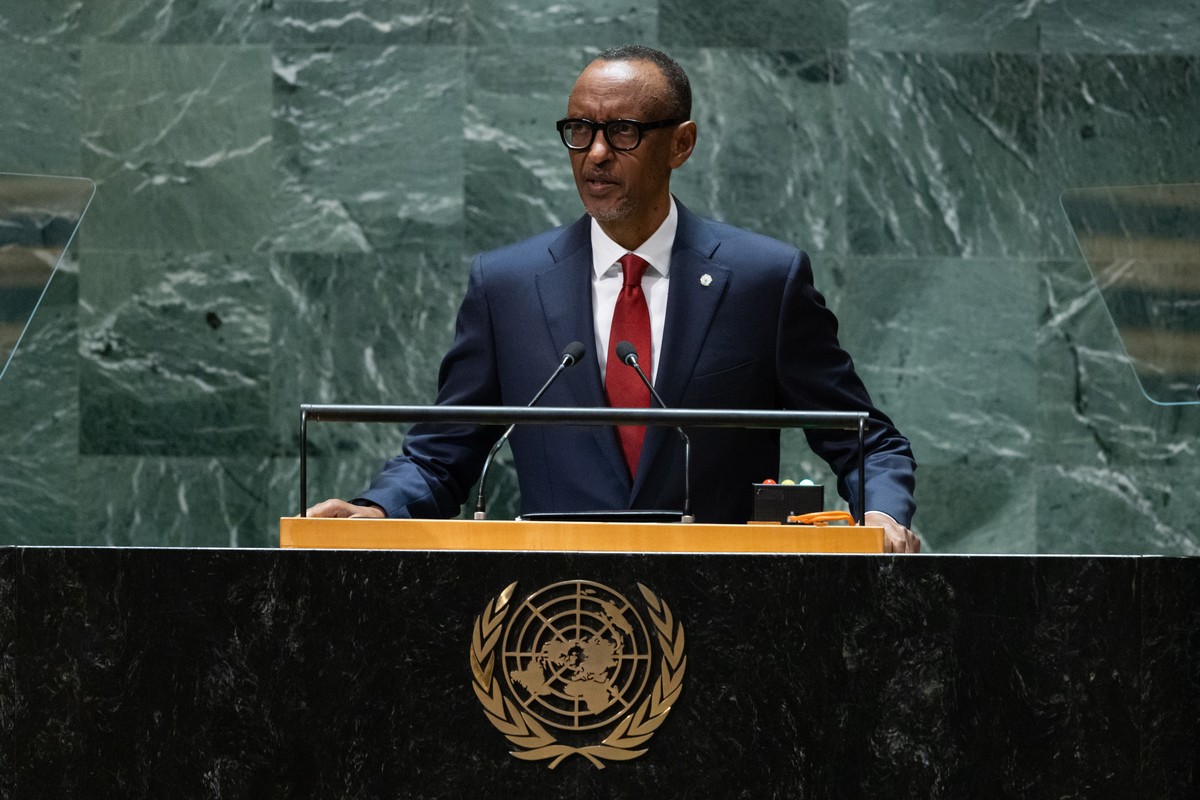 epa10871546 President of the Republic of Rwanda Paul Kagame speaks during the 78th session of the United Nations General Assembly at United Nations Headquarters in New York, New York, USA, 20 Septembe ...