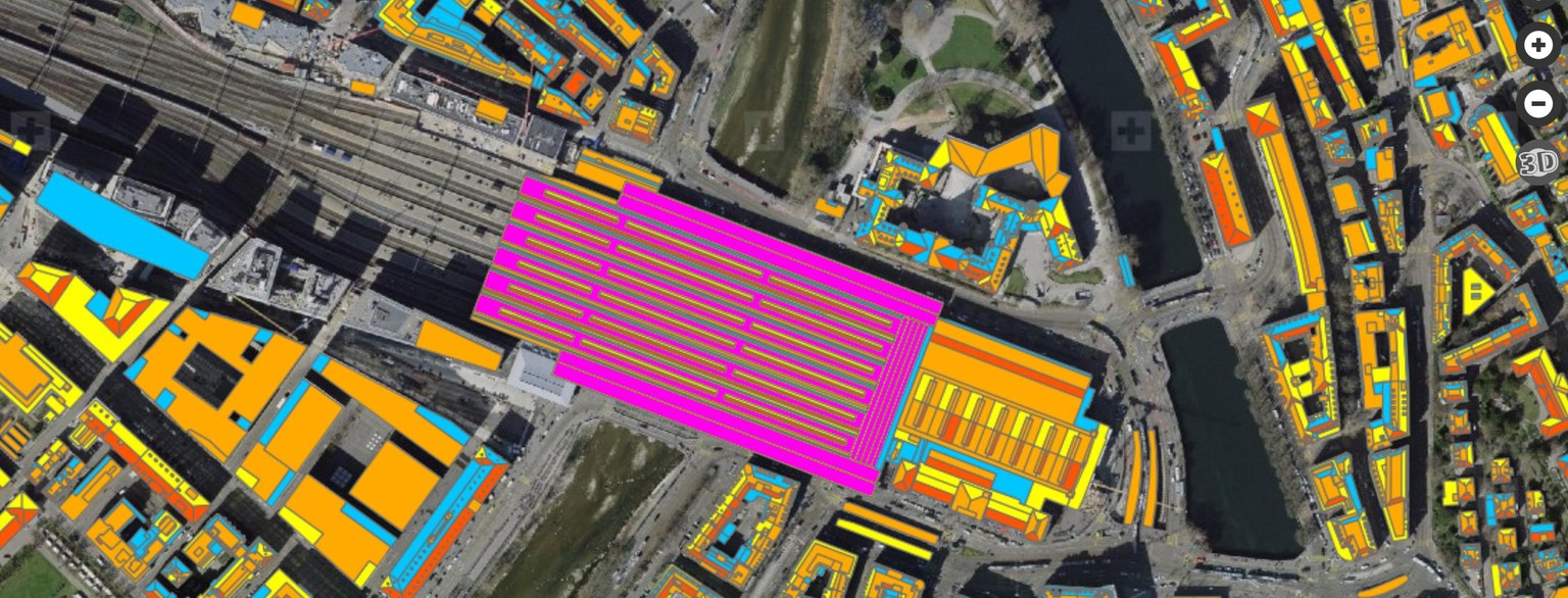 Die verschiedenen Farben signalisieren den Eignungsgrad der Dachflächen für PV-Anlagen. Rot = sehr gut, orange = gut, gelb = mittel, blau = gering, Quelle: sonnendach.ch, unsere PV-Anlage haben wir pi ...