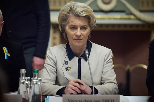 epa10445733 A handout photo made available by the Ukrainian Presidential Press Service shows European Commission President Ursula von der Leyen attending a meeting with Ukraine&#039;s president during ...