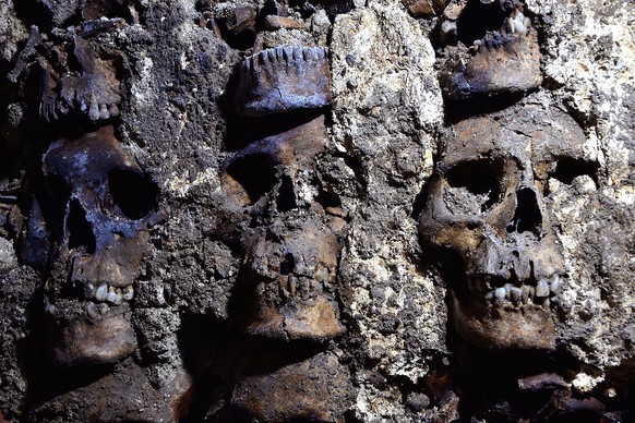 epa08878016 A handout photo made available by INAH, shows the site of the discovery of human skulls in Mexico City, Mexico, 11 December 2020. Mexican archaeologists located in the center of Mexico Cit ...