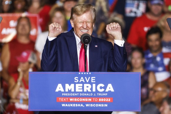 epa10108201 Former US President Donald J. Trump speaks at a Save America Rally in Waukesha, Wisconsin, USA, 05 August 2022. Trump was campaigning for Wisconsin Republican gubernatorial Tim Michaels, U ...