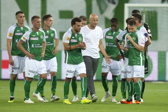 St.Gallen&#039;s coach Peter Zeidler and the team during the first leg of the Europa League second round qualification match between the FC St. Gallen from Switzerland and Sarpsborg 08 FF from Norway  ...