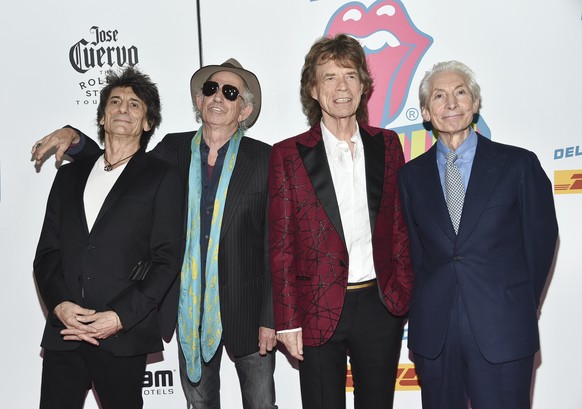 FILE - The Rolling Stones, from left, Ronnie Wood, Keith Richards, Mick Jagger and Charlie Watts attend the opening night party for &quot;Exhibitionism&quot; in New York on Nov. 15, 2016. The Royal Mi ...