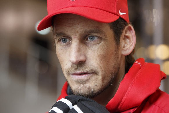 Patrick Fischer, head coach of Switzerland national ice hockey team, speaks to the media, after a training session of the IIHF 2018 World Championship at the practice arena of the Royal Arena, in Cope ...