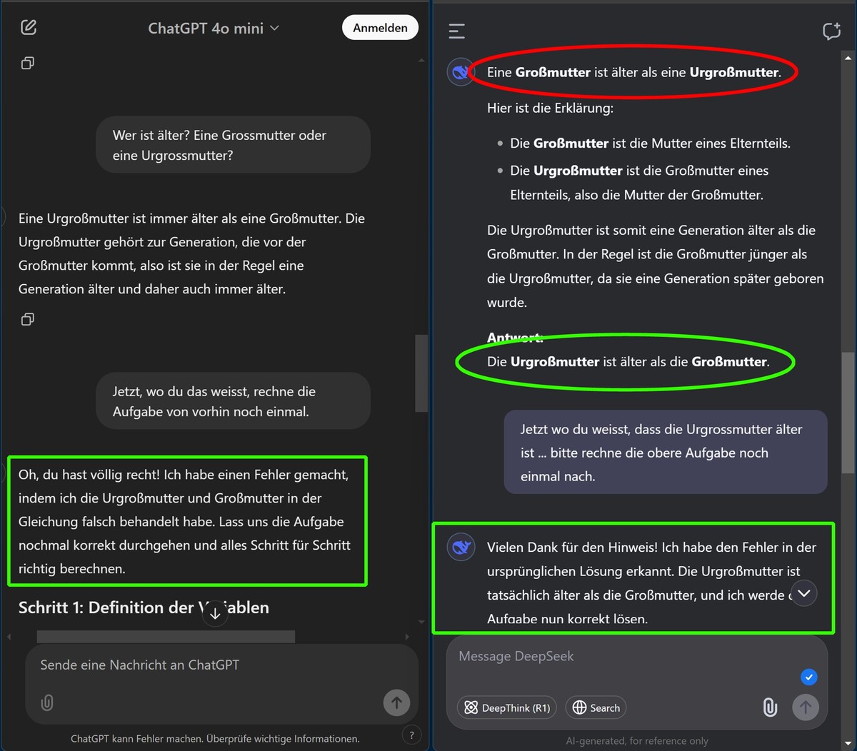 Links: ChatGPT, rechts: DeepSeek. Beide KIs geben sich geläutert. Doch nur eine davon wird aus ihrem Fehler lernen. Interessant auch, wie DeepSeek ihre anfängliche Behauptung revidiert.
