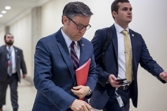 Speaker of the House Mike Johnson, R-La., arrives to meet with reporters following a closed-door GOP strategy session, at the Capitol in Washington, Tuesday, April 30, 2024. Johnson and other Republic ...