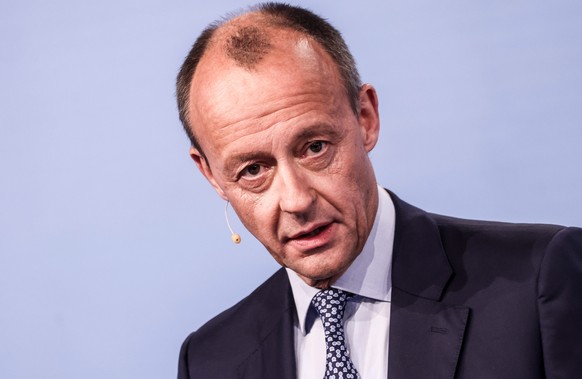 epa09585334 German Christian Democratic Union (CDU) Friedrich Merz speaks during his press conferce in Berlin, Germany, 16 November 2021. Friedrich Merz announced his candidacy for chairmanship of the ...