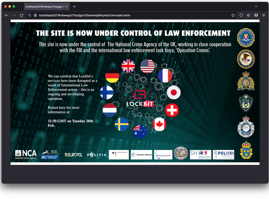 Leak-Seite beschlagnahmt: Mitteilung der Ermittlungsbehörden auf der Darknet-Seite der Ransomware-Bande LockBit (20. Februar 2024).