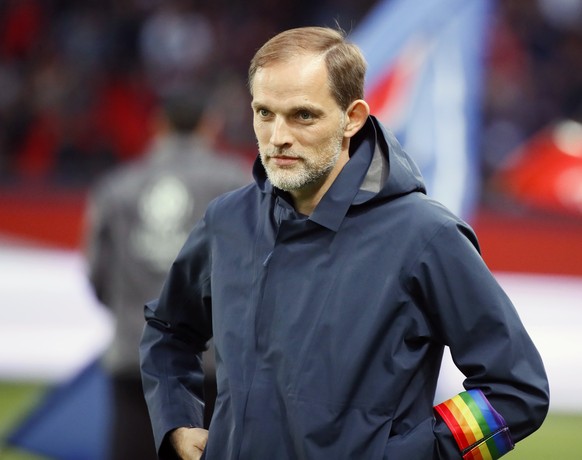 FILE - In this file photo dated Saturday, May 18, 2019, PSG&#039;s head coach Thomas Tuchel waits for the start of the League One soccer match against Dijon at the Parc des Princes stadium in Paris, F ...