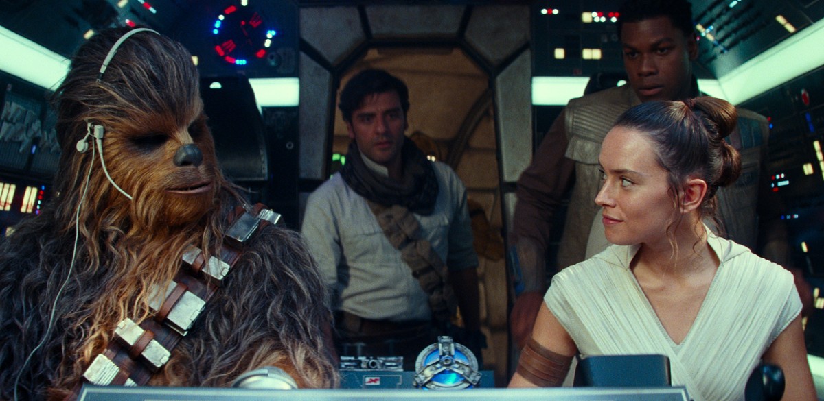 This image released by Disney/Lucasfilm shows, from left, Joonas Suotamo as Chewbacca, Oscar Isaac as Poe Dameron, Daisy Ridley as Rey and John Boyega as Finn in a scene from "Star Wars: The Rise ...