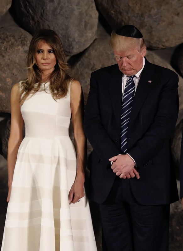 US President Donald Trump and Melania Trump attend a wreath laying ceremony during a visit to the Yad Vashem Holocaust Memorial museum, commemorating the six million Jews killed by the Nazis during Wo ...