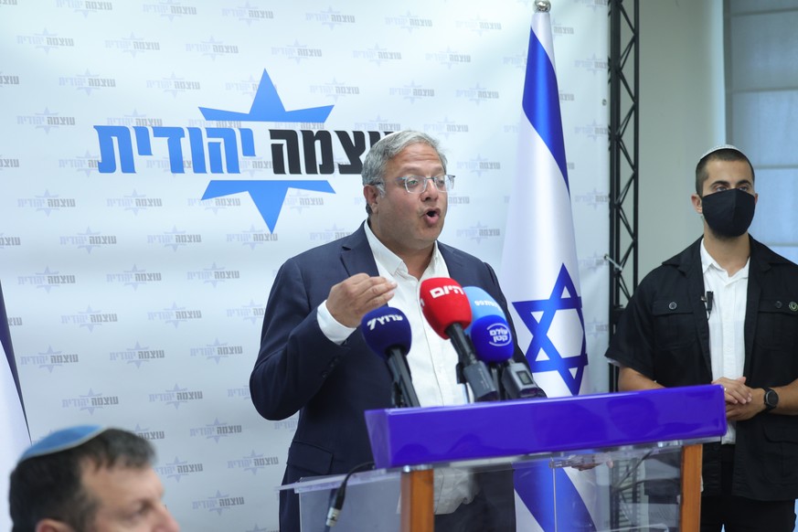 epa13056724 Israel's National Security Minister and leader of the Otzma Yehudit Party, Itamar Ben-Gvir, delivers an address during his weekly party faction meeting at the Knesset, the Israeli par ...