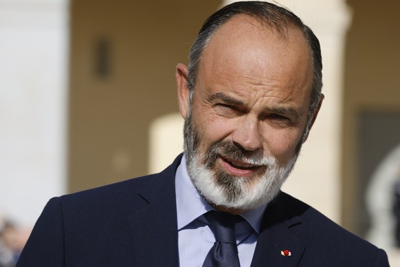 epa09525189 Former French Prime minister Edouard Philippe is seen ahead of a national memorial service for Hubert Germain, the last surviving Liberation companion, at The Hotel des Invalides in Paris, ...
