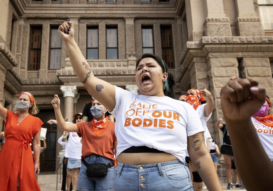 Leen Garza participates in a protest against the six-week abortion ban at the Capitol in Austin, Texas, on Wednesday, Sept. 1, 2021. Dozens of people protested the abortion restriction law that went i ...