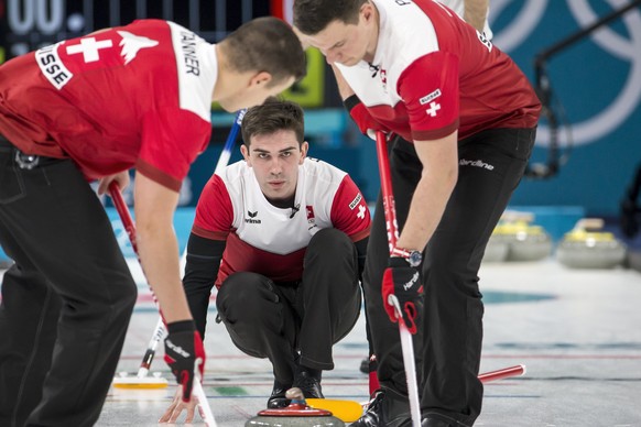 Peter de Cruz of Switzerland in action during the Curling round robin game of the men between Switzerland and Italy at the XXIII Winter Olympics 2018 in Gangneung, South Korea, on Wednesday, February  ...