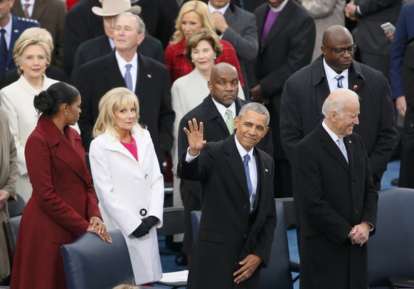 President Obama waves at the inauguration ceremonies swearing in Donald Trump as the 45th president of the United States on the West front of the U.S. Capitol in Washington, U.S., January 20, 2017. RE ...