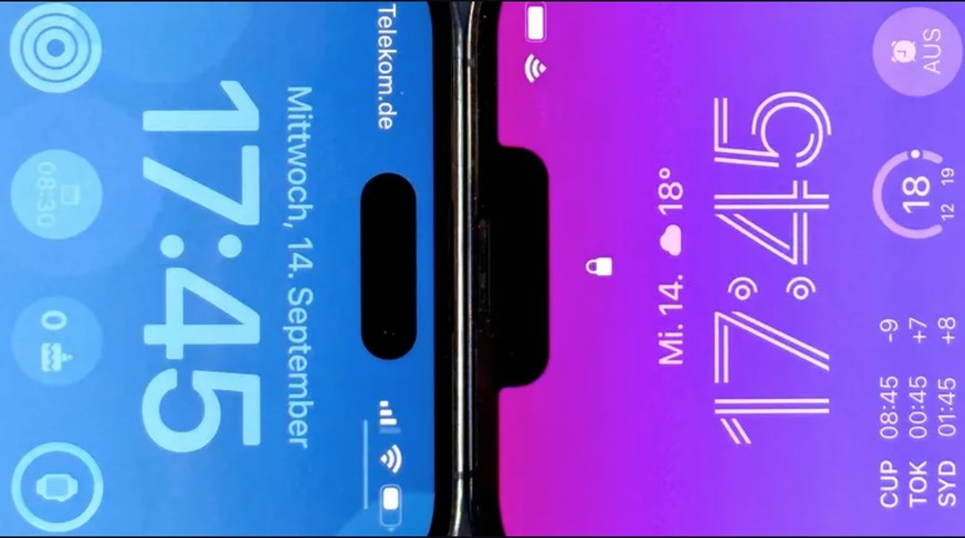 iPhone 14 Pro Max und iPhone 13 Pro Max: Links ist die neue &quot;Dynamic Island&quot; zu sehen.