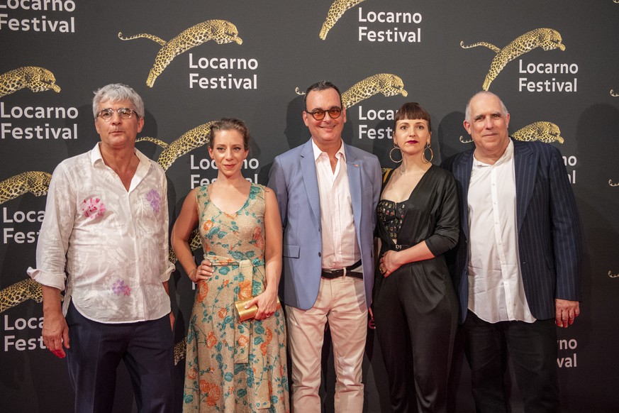 The Jury of the Concorso Internationale, Alain Guiraudie, Prano Bailey-Bond, Michael Merkt, Laura Samani and William Horberg, from left, at the Piazza Grande at the 75th Locarno International Film Fes ...