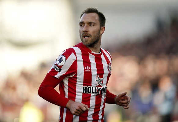 Brentford&#039;s Christian Eriksen in action, during the English Premier League soccer match between Brentford and Newcastle United at the Brentford Community Stadium, London, Saturday Feb. 26, 2022.  ...