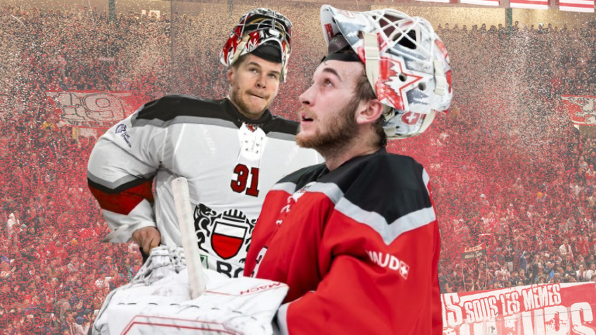 Connor Hughes (numéro 31) est le gardien numéro un du LHC devant Kevin Pasche (en rouge).