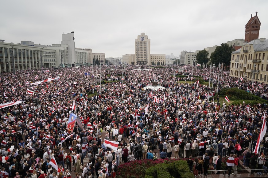 FILE - In this Aug. 23, 2020, file photo, Belarusian opposition supporters rally at Independence Square in Minsk, Belarus. President Alexander Lukashenko earned the nickname of ��Europe���s last dicta ...