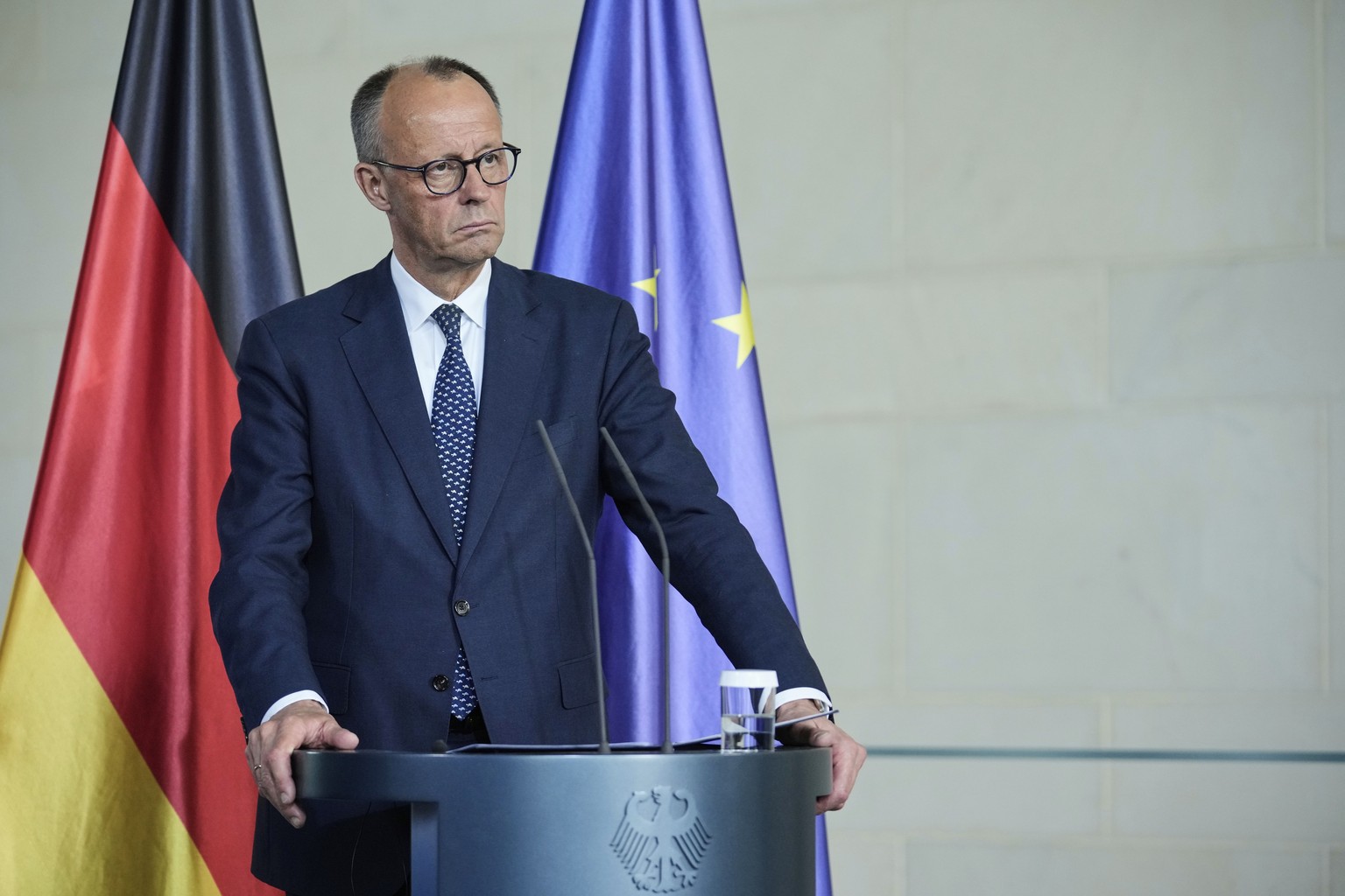 German Chancellor Friedrich Merz attends a joint press conference with Secretary-General of the United Nations, Antonio Guterres, in the chancellory in Berlin, Germany, Wednesday, May 14, 2025. (AP Ph ...