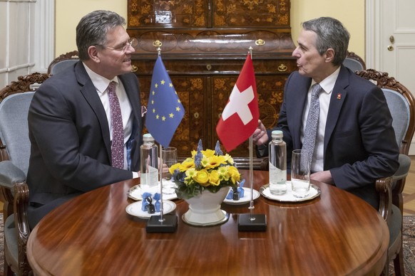 Swiss Federal Councilor Ignazio Cassis, right, speaks with Vice-President of the European Commission Maros Sefcovic during a working visit in Bern, Switzerland, Wednesday, March 15, 2023. (Peter Schne ...