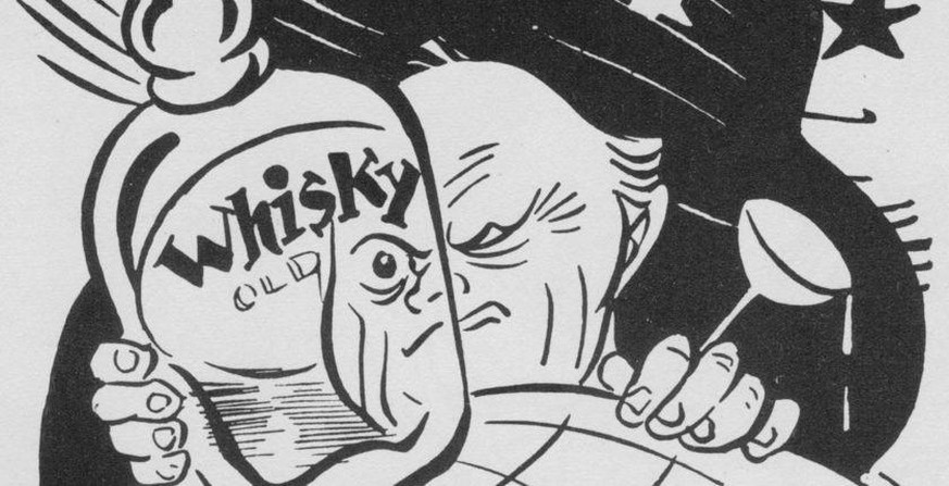 Churchill versucht, Glück im Trinken zu finden, doch die Flasche verzerrt die Sicht –  Karikatur im Nazi-Hetzblatt «Der Stürmer», 26. Februar 1942.