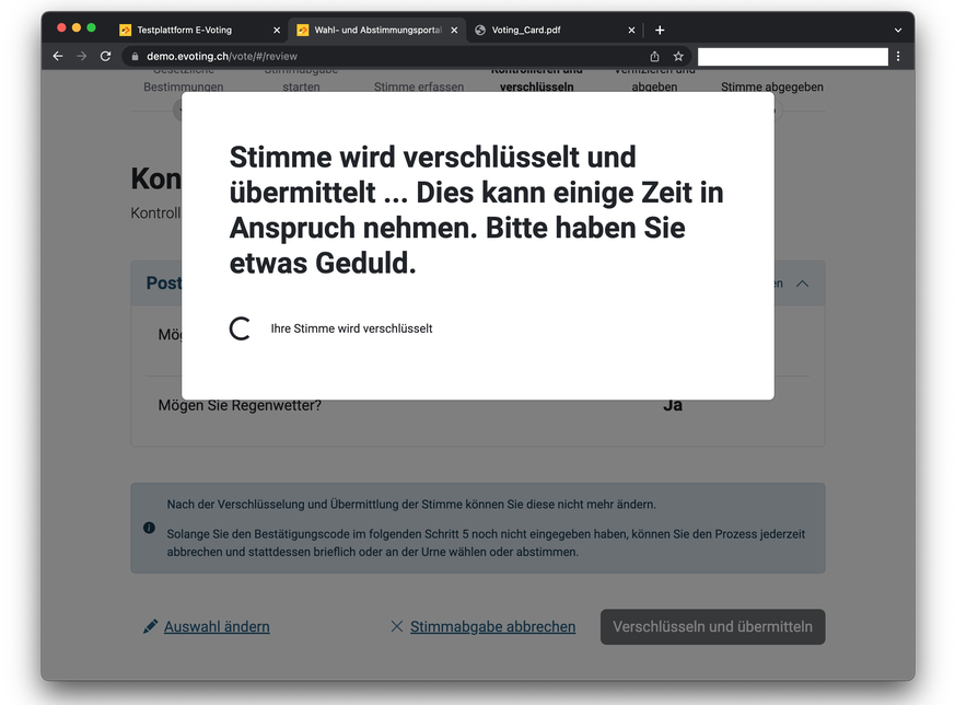 Wenn alles geklappt hat beim E-Voting-System, wird die digitale Stimmabgabe verschlüsselt zum Post-Server übertragen.