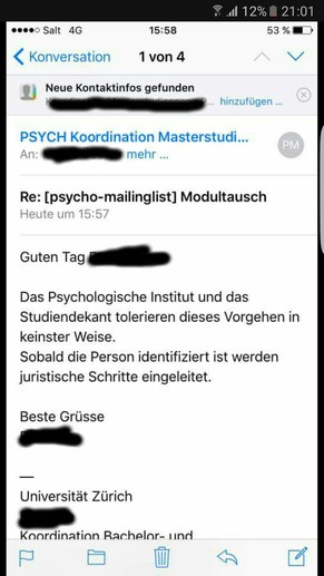 «Juristische Schritte eingeleitet»: Mailverkehr zwischen der Studienleitung des Psychologischen Instituts und Studenten.