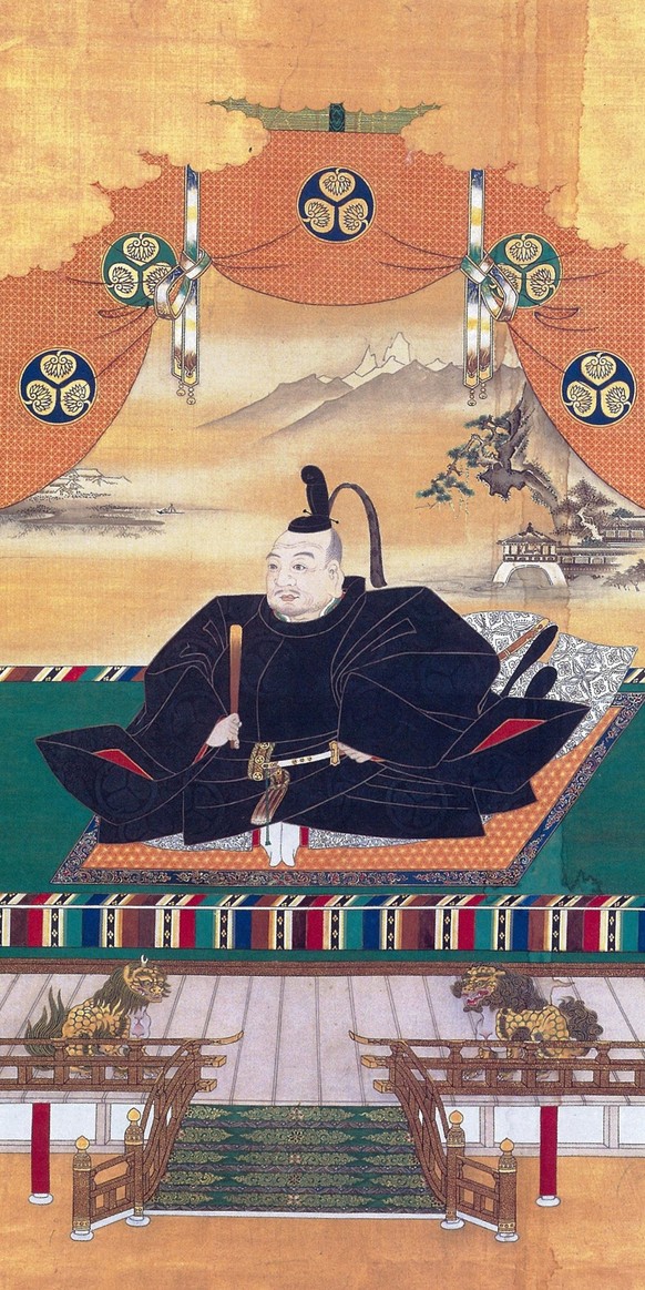 Tokugawa Ieyasu (1543–1616, Edo-Zeit), der Begründer des Tokugawa-Shogunats, trägt neben seinem Langschwert (Katana) einen Tessen.