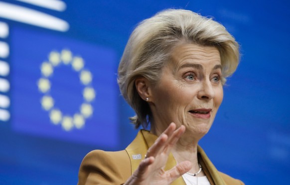 epa10539497 European Commission President Ursula von der Leyen gives a press briefing at the end of first day of EU Summit in Brussels, Belgium, 23 March 2023. EU leaders meet for a two-day summit in  ...