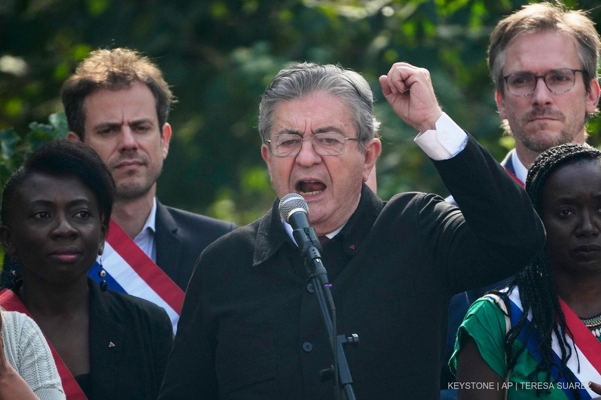 French far-left leader Jean-Luc Melenchon attends a demonstration in protest of the government's release of next year's draft budget, in Paris, Tuesday, Sept. 29, 2026. (AP Photo/Teresa Suar ...