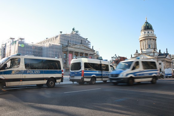 epa12380910 Police cars stand in front of the venue prior to a performance by Israeli conductor Lahav Shani at the Konzerthaus venue in Berlin, Germany, 15 September 2025. Shani was set to conduct the ...