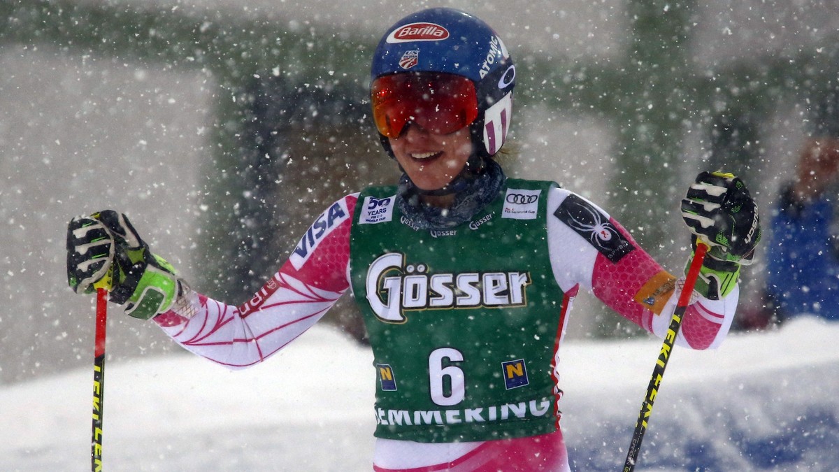 United States's Mikaela Shiffrin celebrates after completing the second run of an alpine ski, women's World Cup Giant Slalom, in Semmering, Austria, Wednesday, Dec. 28, 2016. (AP Photo/Giova ...
