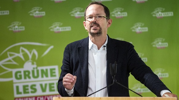 Balthasar Glaettli, Praesident Gruene Schweiz, spricht an der Delegiertenversammlung der Gruenen Schweiz am Samstag, 20. August 2022, in Zug. (KEYSTONE/Alexandra Wey)