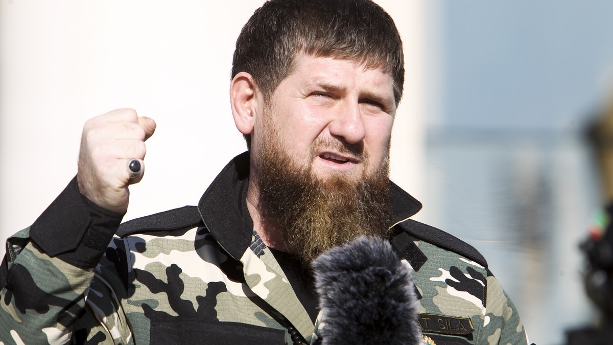Ramzan Kadyrov, leader of the Russian province of Chechnya gestures speaking to about 10,000 troops in Chechnya's regional capital of Grozny, Russia, Tuesday, March 29, 2022. (AP Photo)