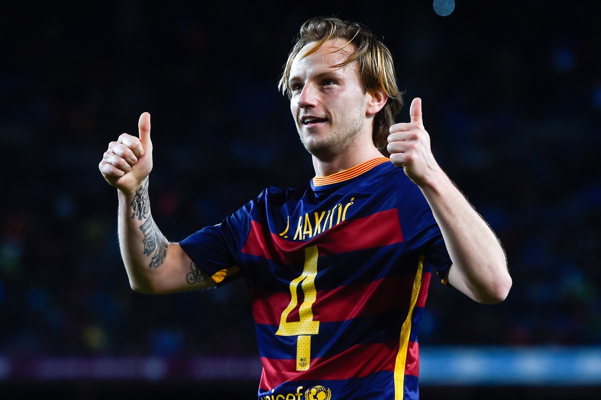 BARCELONA, SPAIN - FEBRUARY 14: Ivan Rakitic of FC Barcelona celebrates after scoring his team's fifth goal during the La Liga match between FC Barcelona and Celta Vigo at Camp Nou on February 14 ...